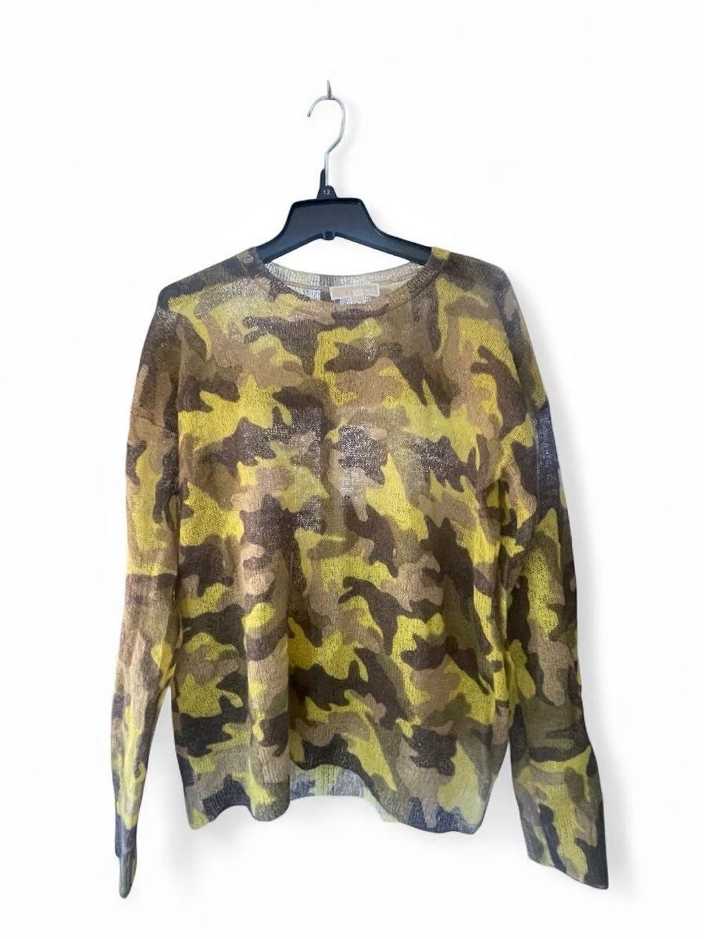 Michael Kors MOHAIR WOOL Camoflauge Print Crewneck Sweater Olive Green Yellow L